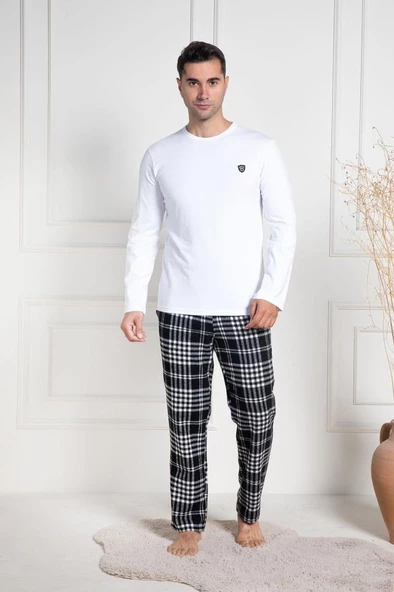 Mecit 3082 Erkek Beyaz Ekoseli Büyük Beden Pijama Takımı ürün görseli 1