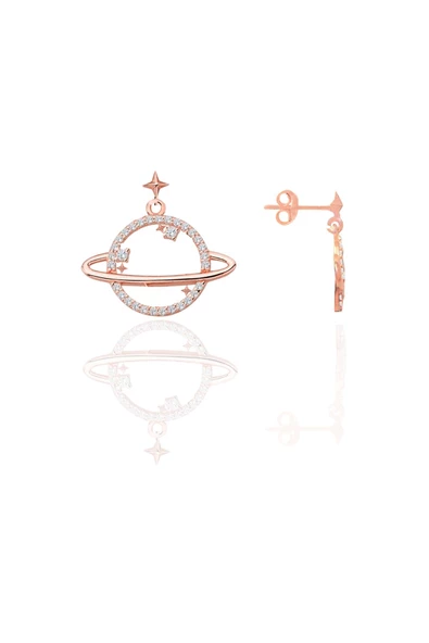 Gümüş rose zirkon taşlı satürn gezegen küpe SGTL12657ROSE ürün görseli 1