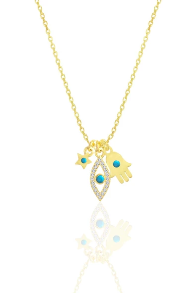 Gümüş altın yaldızlı turkuaz taşlı mavi gözün koruyucu eli bereket kolye SGTL12665GOLD ürün görseli 1