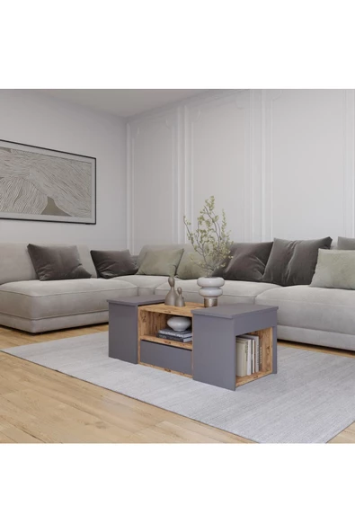 AYMOBSAN Lila Orta Sehpa 3'lü Takım Zigonlu Modern, 100 cm, Atlantik Çam - Sis Gri ürün görseli 1