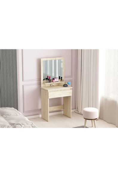 AYMOBSAN Luna Makyaj Masası, Raflı, Çekmeceli, Aynalı, Traverten Desen ürün görseli 1