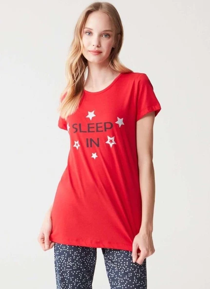 Mod 3287 Pamuklu Sıfır Yaka Kısa Kol Bayan Pijama Takım ürün görseli 1