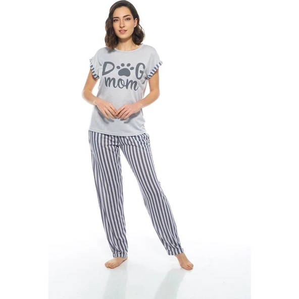 Estiva Çizgili Patili Viskon Kısa Kol Bayan Pijama Takım ürün görseli 1