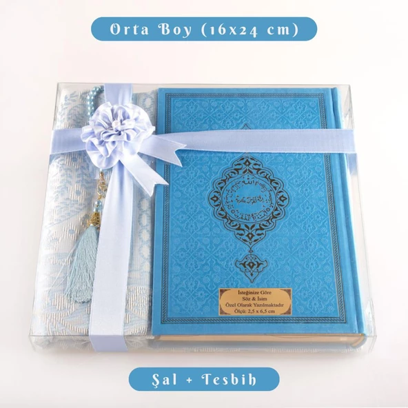 Kuran +  Seccade +  Tesbih Hediye Seti (Orta Boy, Termo Deri, Asetat Kutu, Açık Mavi) ürün görseli 1