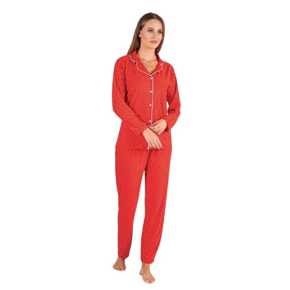 Estiva Puantiye Desen Boydan Düğmeli Süet Bayan Pijama Takım ürün görseli 1