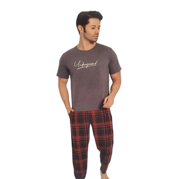 Estiva Patlı Ekose Pamuklu Kısa Kol Kareli Erkek Pijama Takım ürün görseli 1