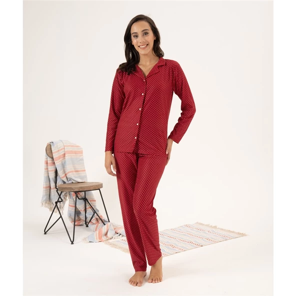 Estiva Puantiye Desen Önden Düğmeli Süet Bayan Pijama Takım ürün görseli 1