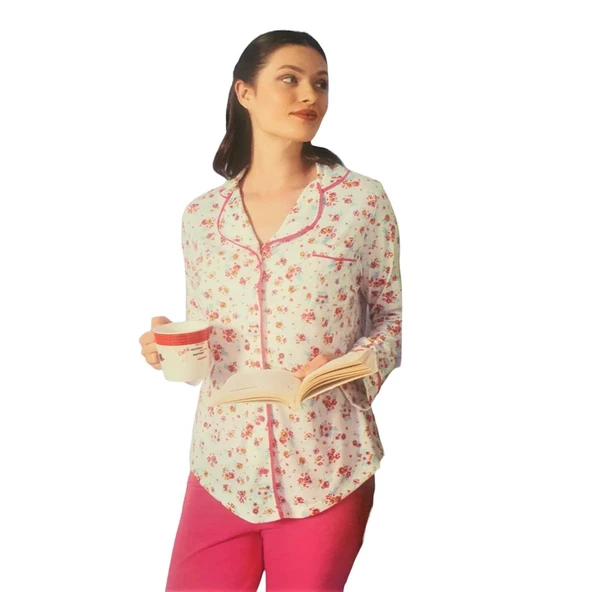 Limissi 23610 Pamuk Çiçek Desen Önden Düğmeli Bayan Pijama Takım ürün görseli 1
