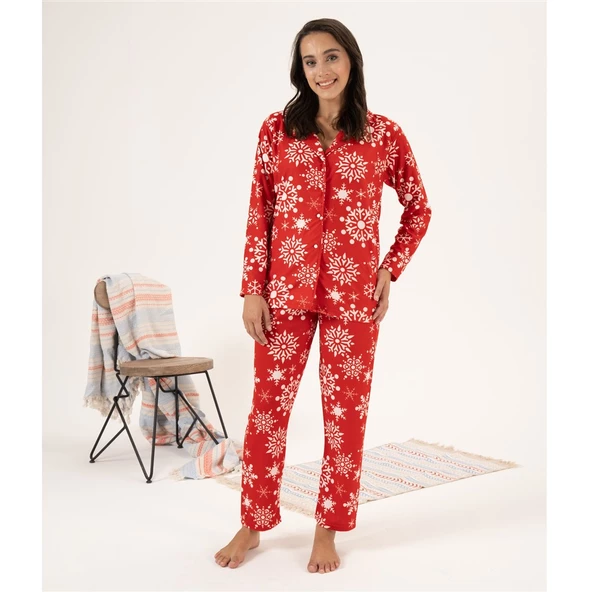 Estiva Kartanesi Desen Önden Düğmeli Süet Bayan Pijama Takım ürün görseli 1