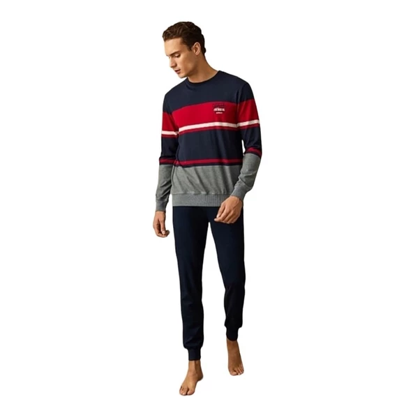Poleren Sıfır Yaka Çizgili Pamuklu Kalın Erkek Pijama Takım ürün görseli 1