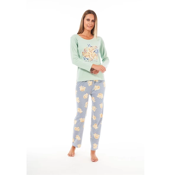 Estiva Patlı Yaka Desenli Uzun Kol Bayan Pijama Takım ürün görseli 1