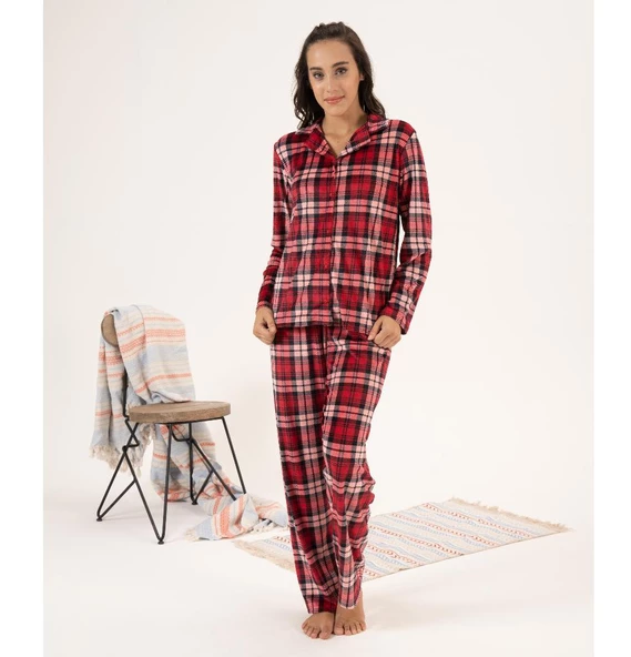 Estiva Kareli Önden Düğmeli Kadife Bayan Pijama Takım ürün görseli 1