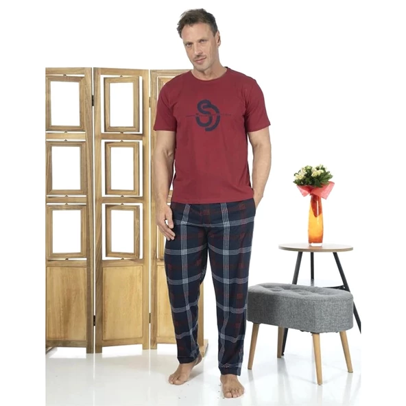Estiva Patlı Pamuklu Kısa Kol Ekose Kareli Erkek Pijama Takım ürün görseli 1