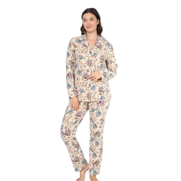 Ciciten Pamuk Melanj Desenli Boydan Düğmeli Bayan Pijama Takım ürün görseli 1