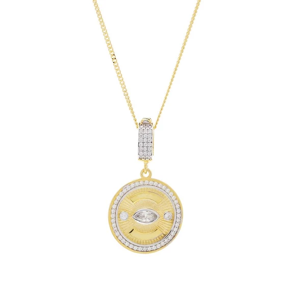Güneş Göz Model Zirkon Taşlı Detaylı Gold Rengi 925 Ayar Gümüş Kadın Kolye ürün görseli 1