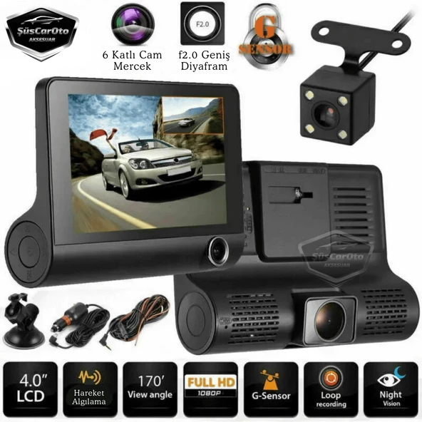 3 Kameralı Kayıt Cihazı İç Ön Arka Geri Görüş Kameralı Monitör 4.0" 1080P Full HD Kayıt Çarpışma Algılayıcı Sensörlü Gece Görüşlü Park Sensörü Sesli Yol Kayıt ürün görseli 1