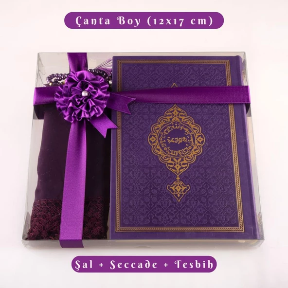 Şal + Tesbih + Kuran Hediye Seti (Çanta Boy, Termo Deri, Mor) ürün görseli 1