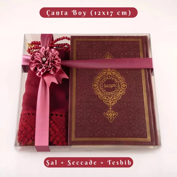 Şal + Tesbih + Kuran Hediye Seti (Çanta Boy, Termo Deri, Bordo) ürün görseli 1