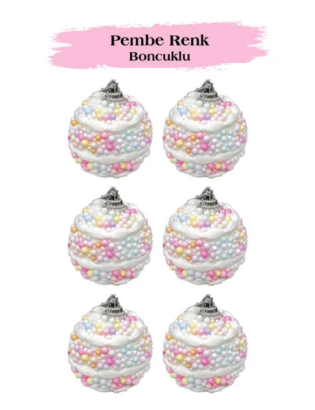 Yılbaşı Top Süs 5 Cm Pembe Renkli Boncuklu 6 Lı ürün görseli 1