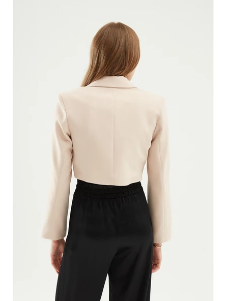 Quzu Kruvaze Crop Blazer Ceket Taş - Resim 2