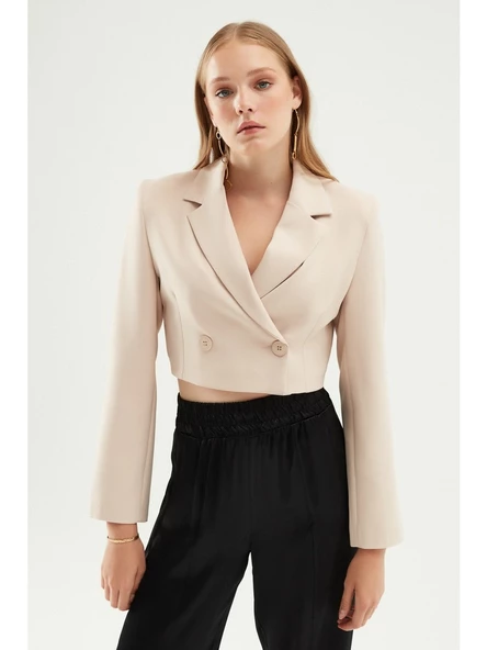 Quzu Kruvaze Crop Blazer Ceket Taş ürün görseli 1