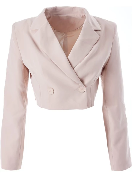 Quzu Kruvaze Crop Blazer Ceket Taş - Resim 3