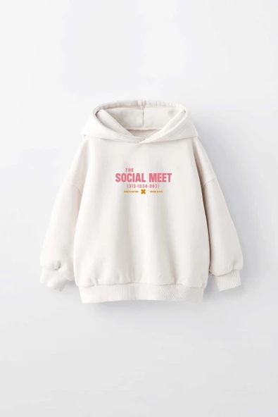 KIZ ÇOCUK SOCIAL MEET BASKILI KAPÜŞONLU MANŞETLİ SWEATSHİRT ürün görseli 1