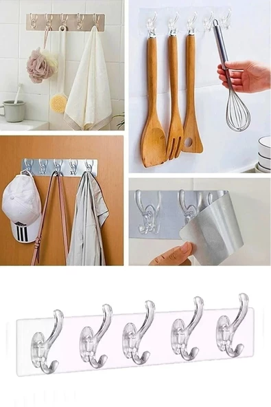 btmhome 5'li Yapışkanlı Şeffaf Duvar Askısı Banyo Mutfak Düzenleyici Askı Pratik Kanca Askılık ürün görseli 1