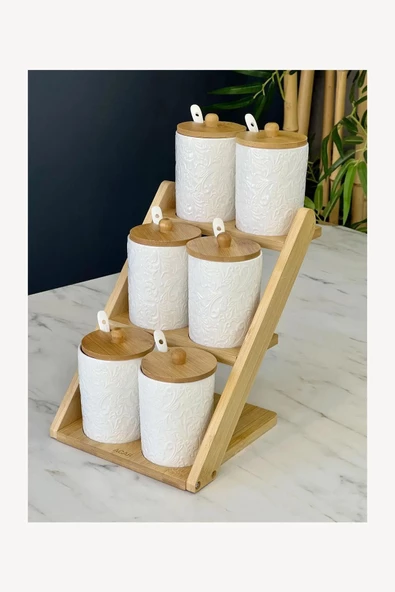 btmhome 6 Lı Porselen Kaşıklı Baharat Takımı Bambu Standlı Set ürün görseli 1