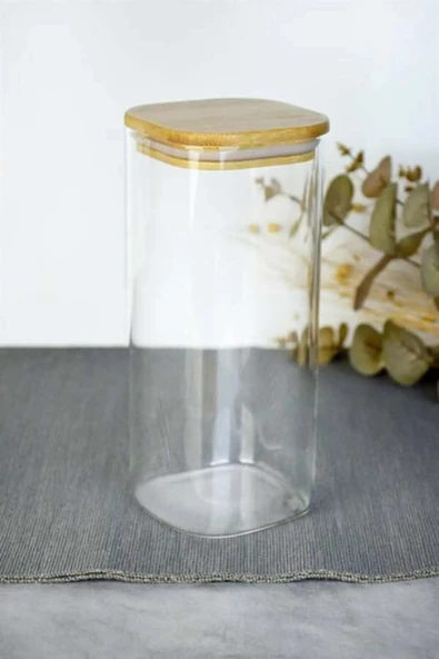 btmhome 1300 ml Kare Bambu Kapaklı Cam Kavanoz 1 Adet ürün görseli 1