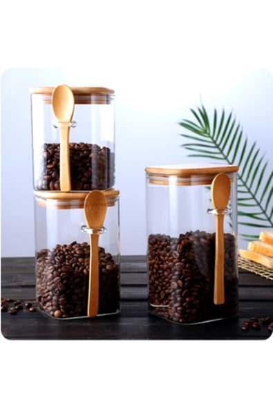 btmhome Kaşıklı Bambu Kapaklı Kare Kavanoz Seti 1200-800-600 ml ürün görseli 1