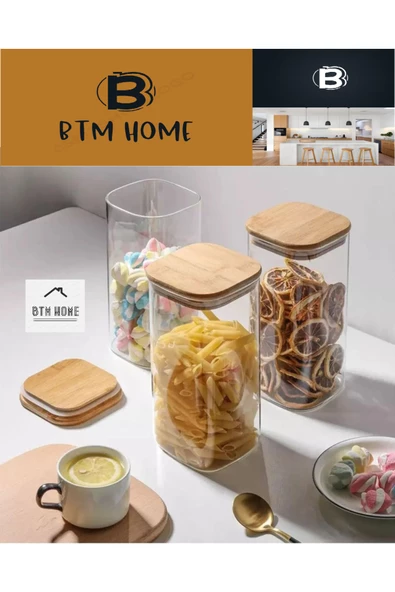 btmhome 1300 ml Bambu Kare Vakum Kapaklı Borosilikat Cam Kavanoz Saklama Kabı (1 ADET) ürün görseli 1