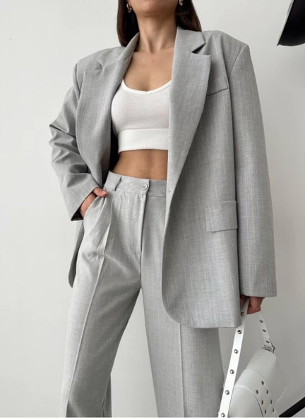 Aes Prive Kadın Çizgili Içi Astarlı Blazer Ceket Pantolon Takım 5555 ürün görseli 1