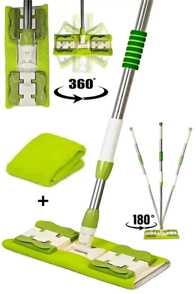 btmhome Mikrofiber Mandallı Mop, Teleskopik Saplı Set +1 Yedek Bezli Yeşil Renk ürün görseli 1