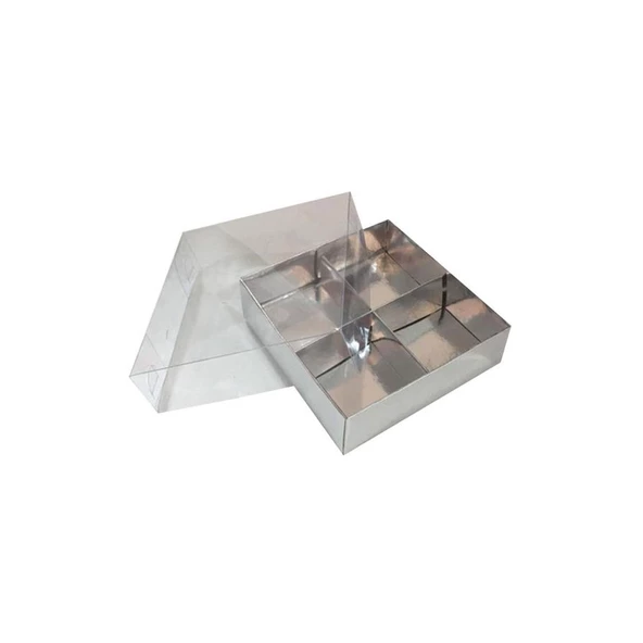 Asetat Kapaklı Karton Kutu 12x12x3 CM 4 Bölmeli Kutu (10 Adet)  Gümüş ürün görseli 1
