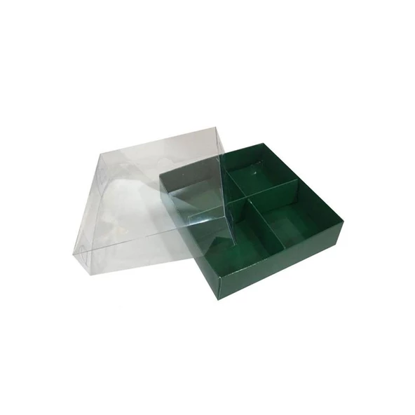 Asetat Kapaklı Karton Kutu 12x12x3 CM 4 Bölmeli Kutu (10 Adet)  Yeşil ürün görseli 1