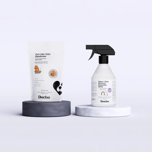 Docho Kedi Kumu Koku Giderici Aktif Karbon 400 gr ve Koku ve Leke Çıkarıcı Enzimatik Sprey 500 ml Seti ürün görseli 1