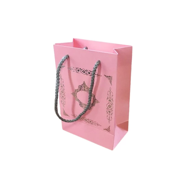 Karton İp Saplı Hediye Çantası Saray Desenli Gümüş 12X17 25 Adet  Pembe ürün görseli 1