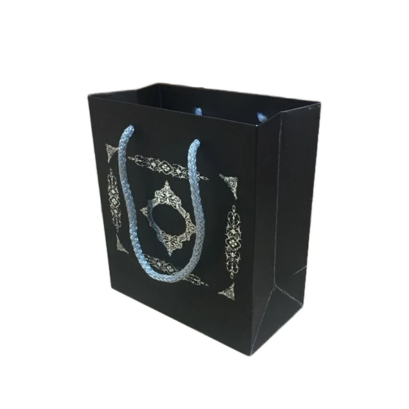 Karton İpsaplı Hediye Çantası Saray Desenli Gümüş 15X17X8 10 Adet  Siyah ürün görseli 1