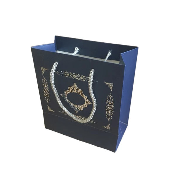 Karton İpsaplı Hediye Çantası Saray Desenli Gümüş 15X17X8 10 Adet  Lacivert ürün görseli 1