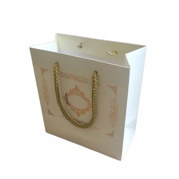 Karton İpsaplı Hediye Çantası Saray Desenli GOLD 15X17X8 10 Adet  Krem ürün görseli 1