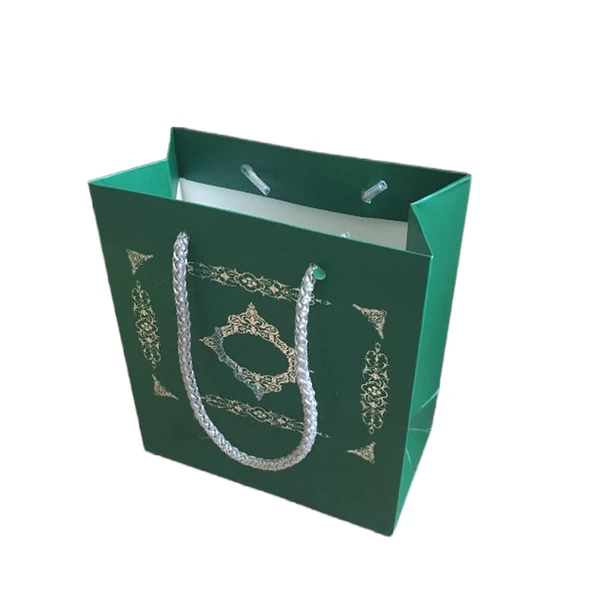 Karton İpsaplı Hediye Çantası Saray Desenli Gümüş 15X17X8 10 Adet  Yeşil ürün görseli 1