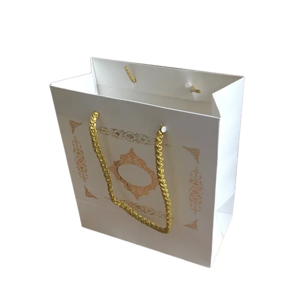 Karton İpsaplı Hediye Çantası Saray Desenli GOLD 15X17X8 10 Adet  Beyaz ürün görseli 1