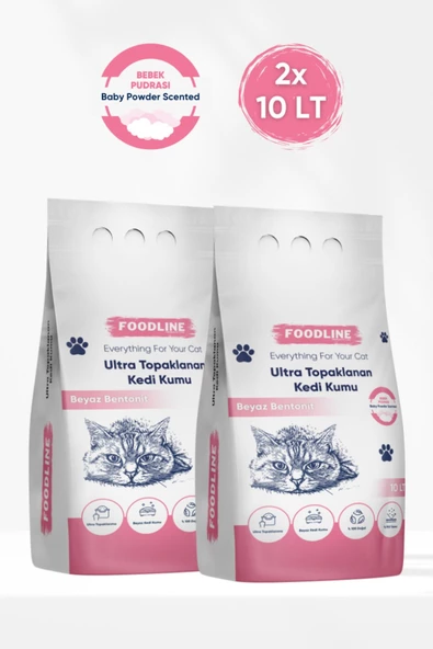 Foodline Bebek Pudrası Kokulu İnce Taneli Bentonit Topaklanan Kedi Kumu 10 Lt X 2 Adet ürün görseli 1