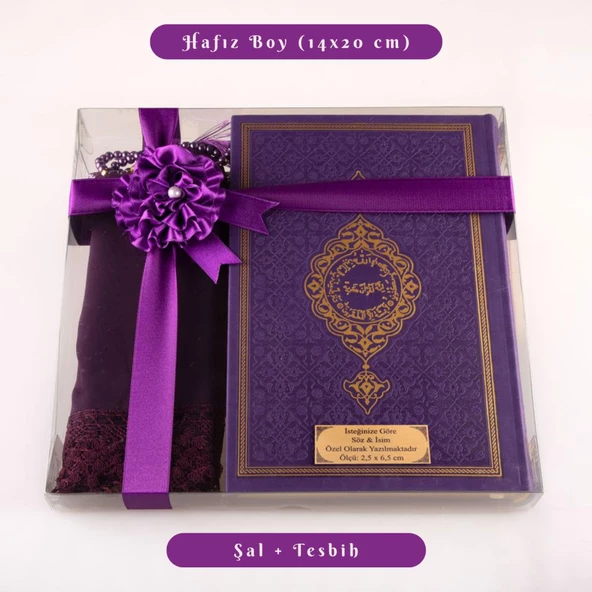 Şal + Tesbih + Kuran Hediye Seti (Hafız Boy, Termo Deri, Mor) ürün görseli 1