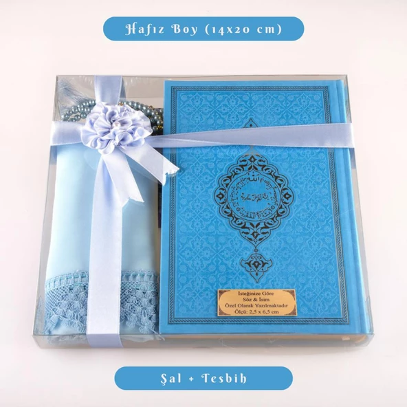 Şal + Tesbih + Kuran Hediye Seti (Hafız Boy, Termo Deri, Açık Mavi) ürün görseli 1