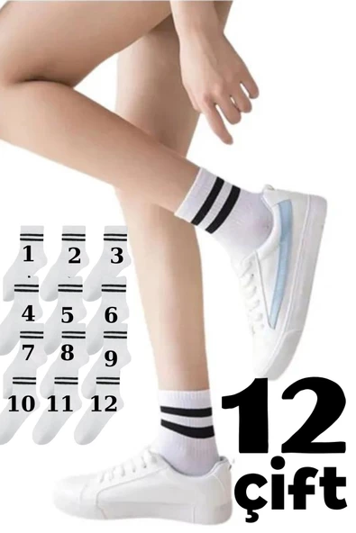 Ünisex 12 Çift Çizgi Şeritli Çorap Set Penye Pamuk Esnek Yumuşak Likralı ürün görseli 1