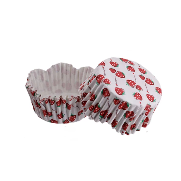 Cupcake Kalıbı Pet Kapsül Dalgalı Kek Kalıbı 65X38 MM (100 Adet)  Beyaza Sık Çilek Desenli ürün görseli 1