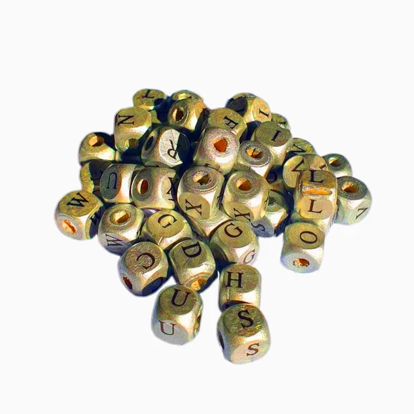 Ahşap Küp HARFLİ  Boncuk 10X10 MM 100 GRAM  Gold ürün görseli 1
