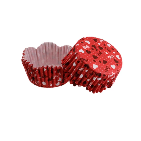 Cupcake Kalıbı Pet Kapsül Dalgalı Kırmızı Üzeri Fiyonk Ve Kalp Desenli Kek Kalıbı 65X38 MM (100 Adet) ürün görseli 1